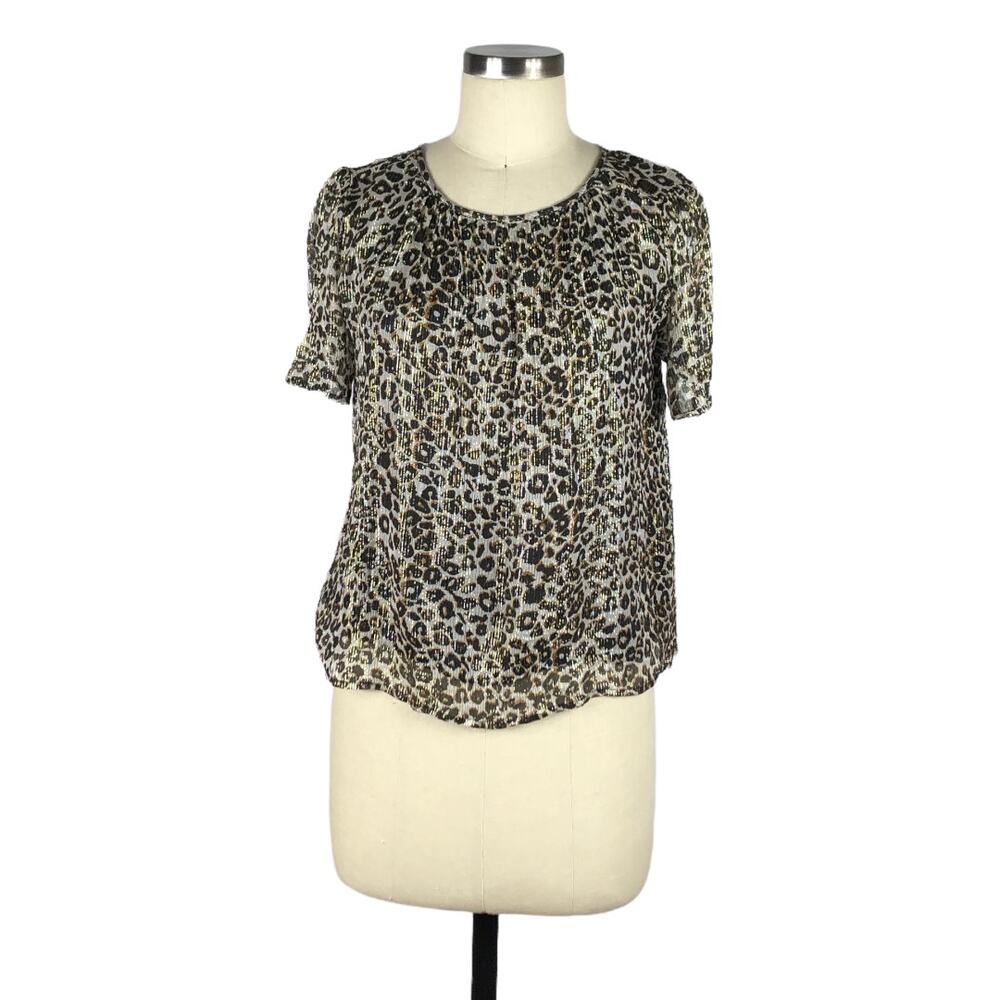 VELVET BY‎ GRAHAM & SPENCER Leopard Animal Print Popover Blouse Gold Sparkle S